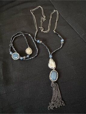 Elegant Blue Beaded Necklace & Bracelet Set - Blue Stone Tassel Jewelry